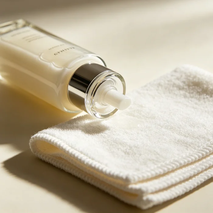 a glass bottle of moisturizer next to a white washcloth