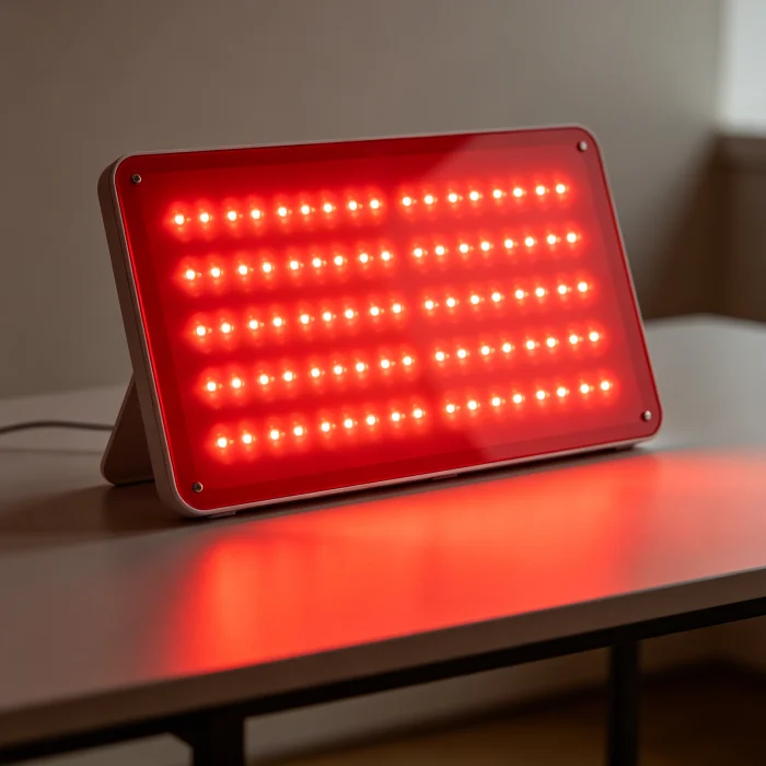 a red light therapy panel glowing on a table