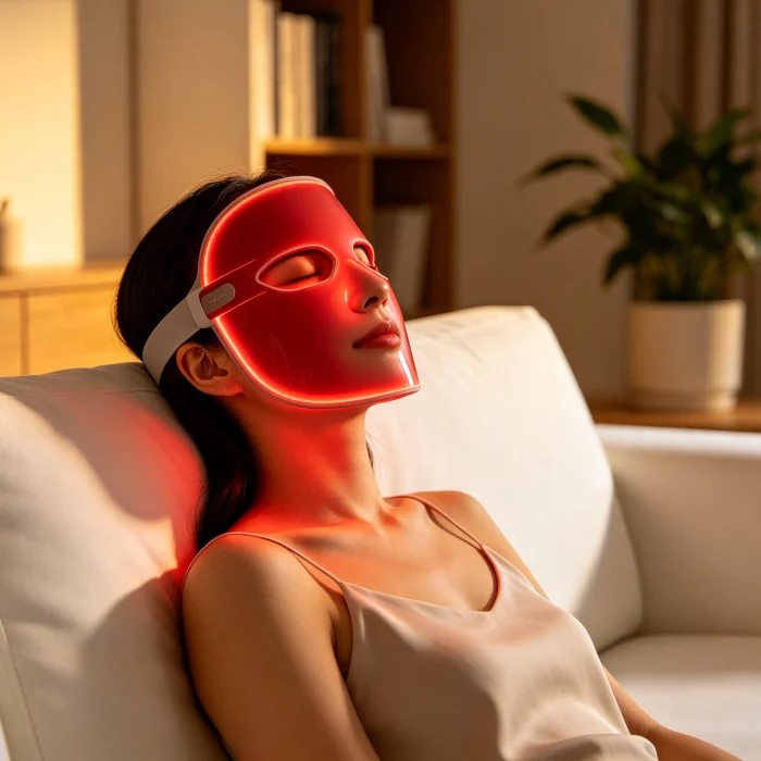 a person using a red light therapy mask at home