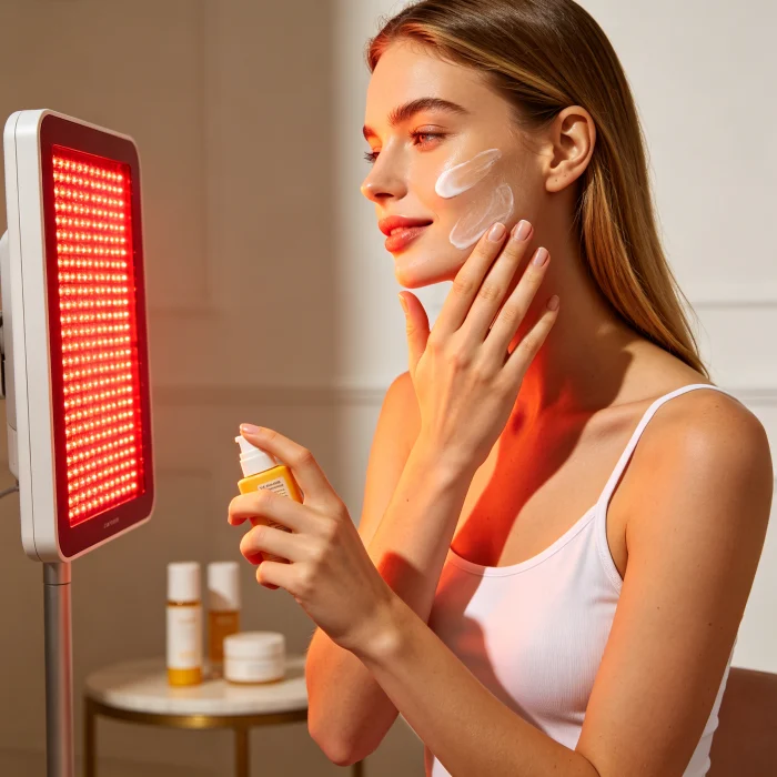 a woman applying sunscreen before red light therapy