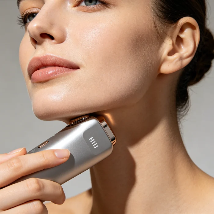 a person applying a handheld HIFU device to their jawline