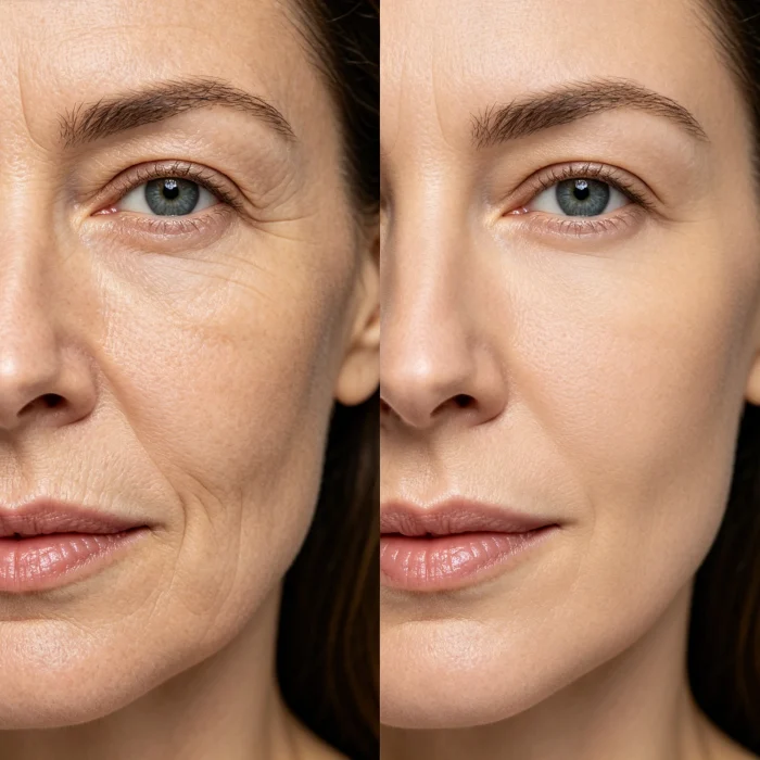 a side-by-side split of a face before and after HIFU treatment