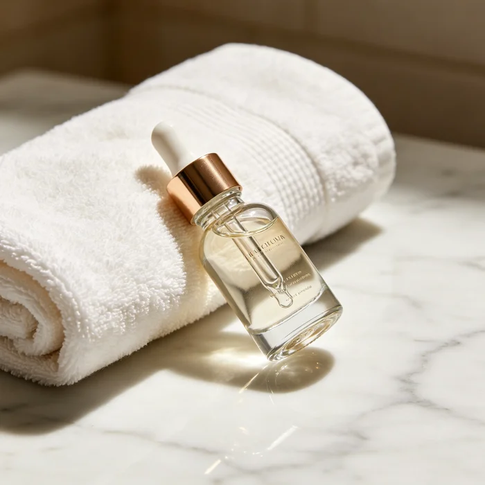 a skincare routine with a serum bottle and a towel