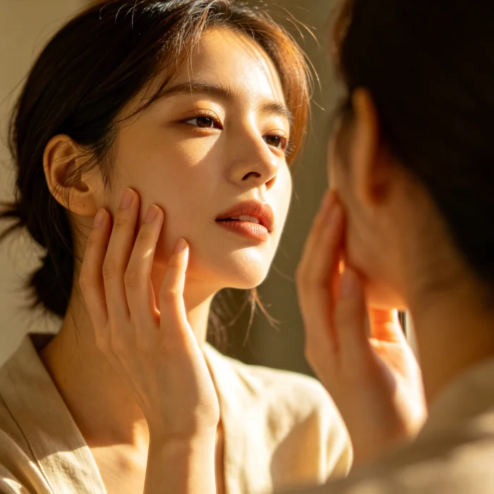 a person looking in the mirror touching their cheek