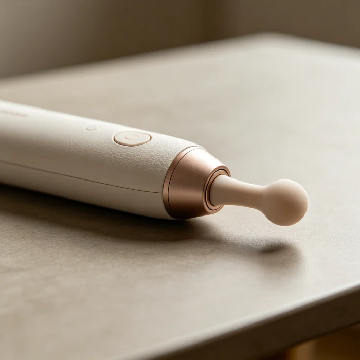 a close-up of a vibrating wand eye massager on a table