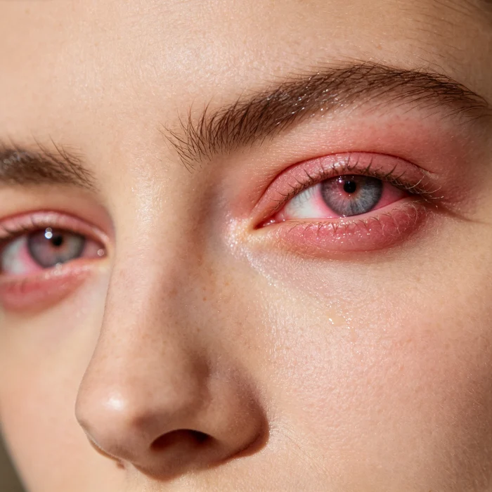a person's eyes showing slight pinkness after massage