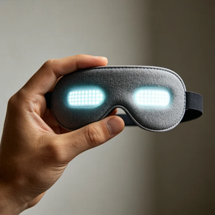 an LED eye patch being held by a hand