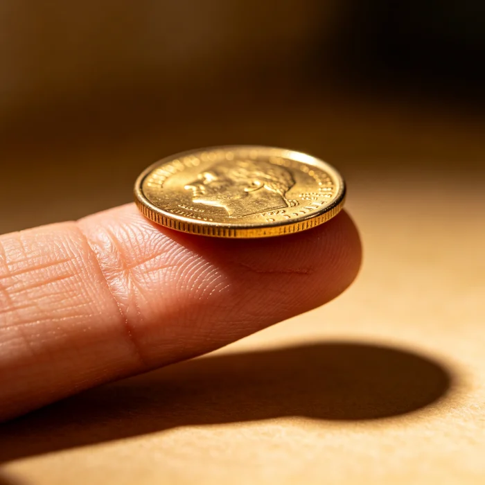 a nickel coin resting on a fingertip