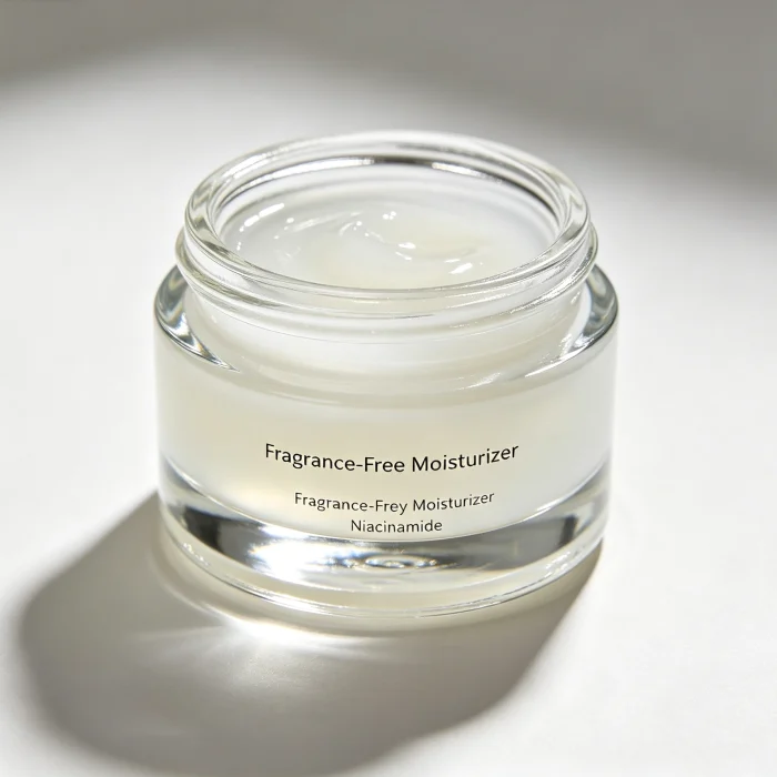 a clear glass bottle of fragrance-free moisturizer with niacinamide
