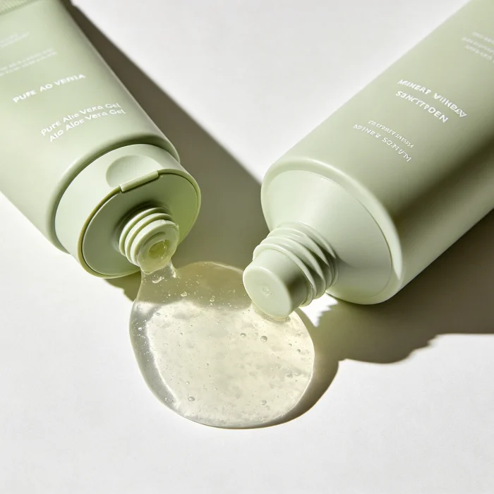 a tube of pure aloe vera gel next to a bottle of mineral sunscreen