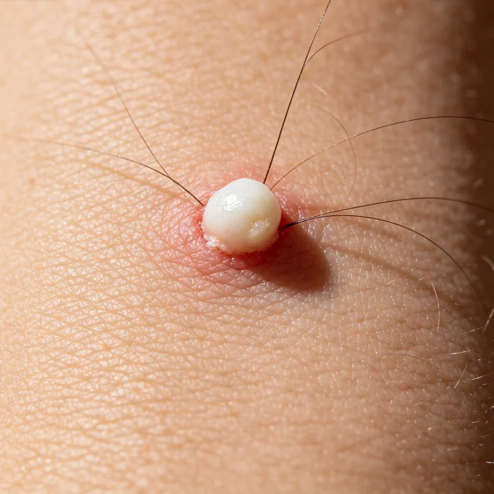 a whitehead or small scab on skin near a hair follicle