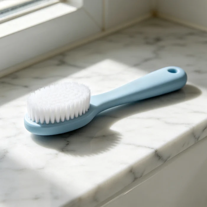 a face cleaning brush on a bathroom counter