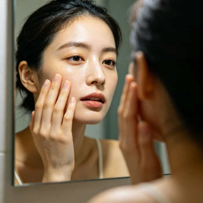 a person touching their face in front of a mirror