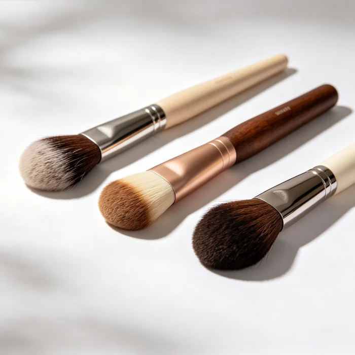 three different face brushes on a white surface