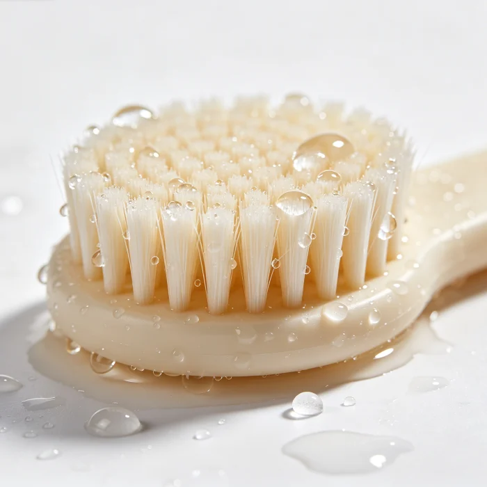 a silicone brush head with water droplets