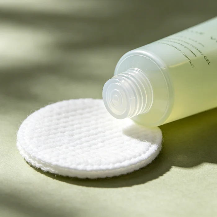 a tube of aloe vera gel next to a cotton pad