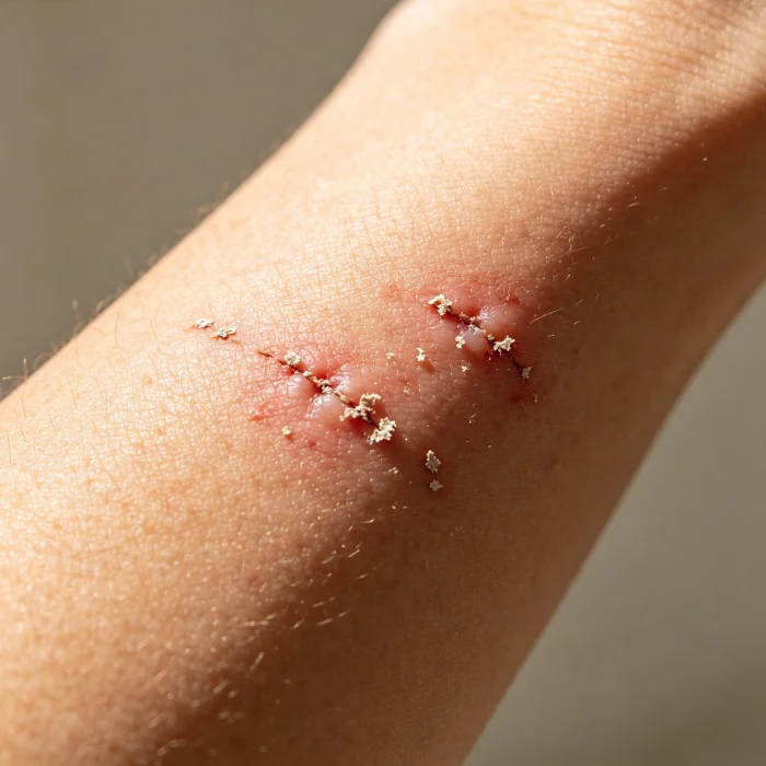 a person's arm with small healing scabs from electrolysis