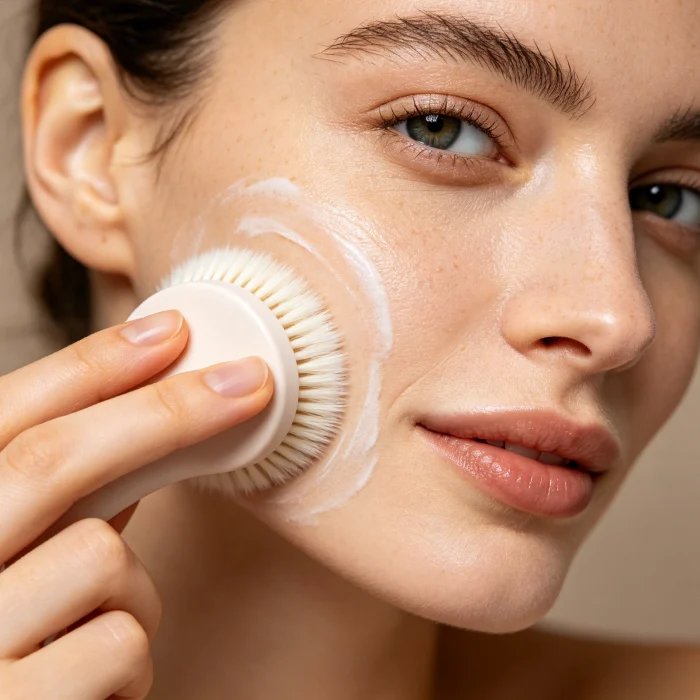 a person gently moving a cleansing brush in circles on their cheek