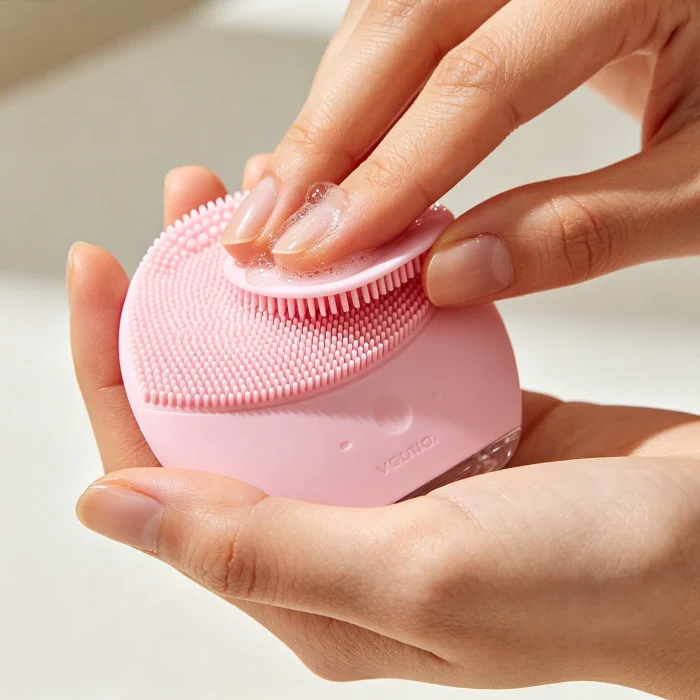 a person applying cleanser to a pink silicone face brush