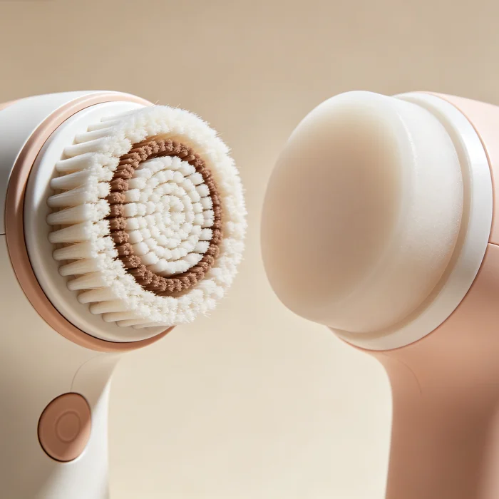 two different face cleansing brushes side by side: a spin brush and a silicone sonic brush