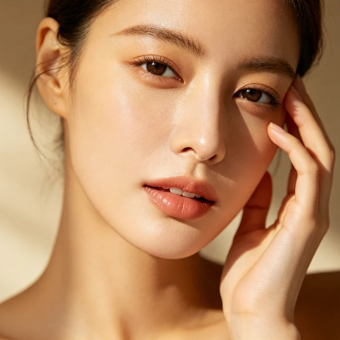 a woman touching her cheek with a gentle expression