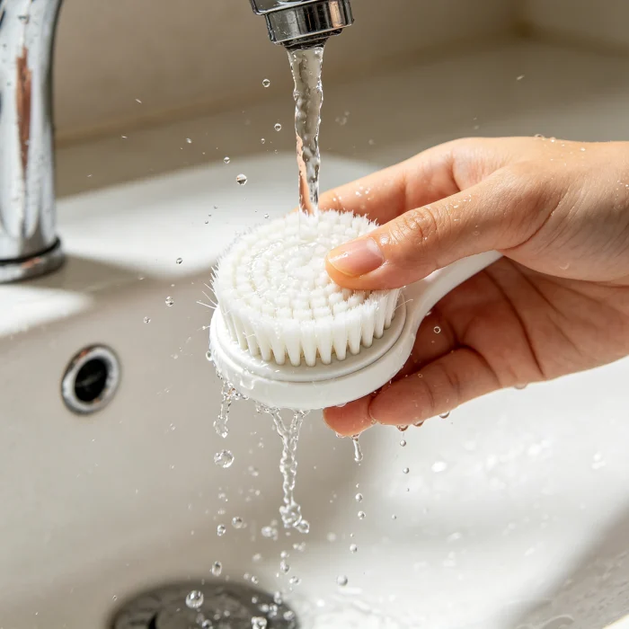 a person rinsing a cleansing brush head under a faucet