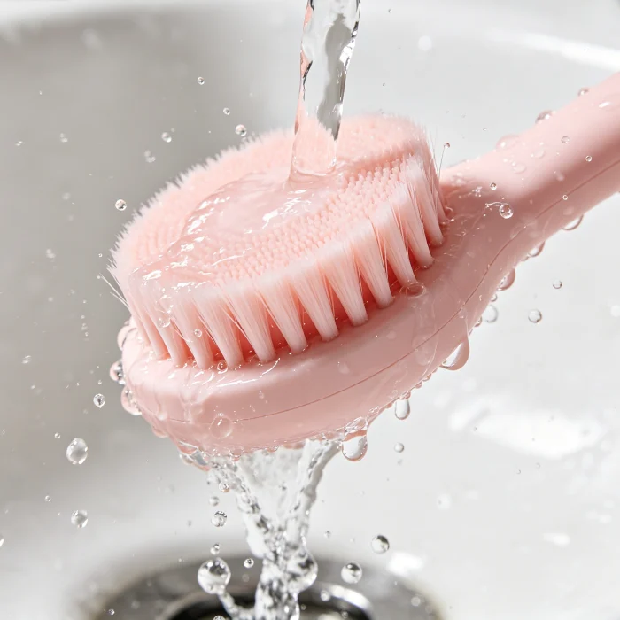 a pink face brush head being rinsed under running water
