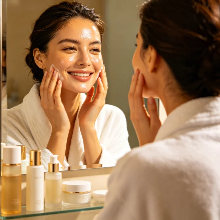a smiling woman looking at her reflection after skincare routine