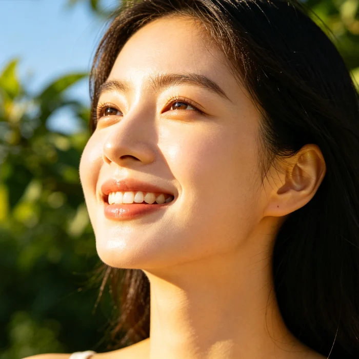 a person smiling with clear, glowing skin outdoors