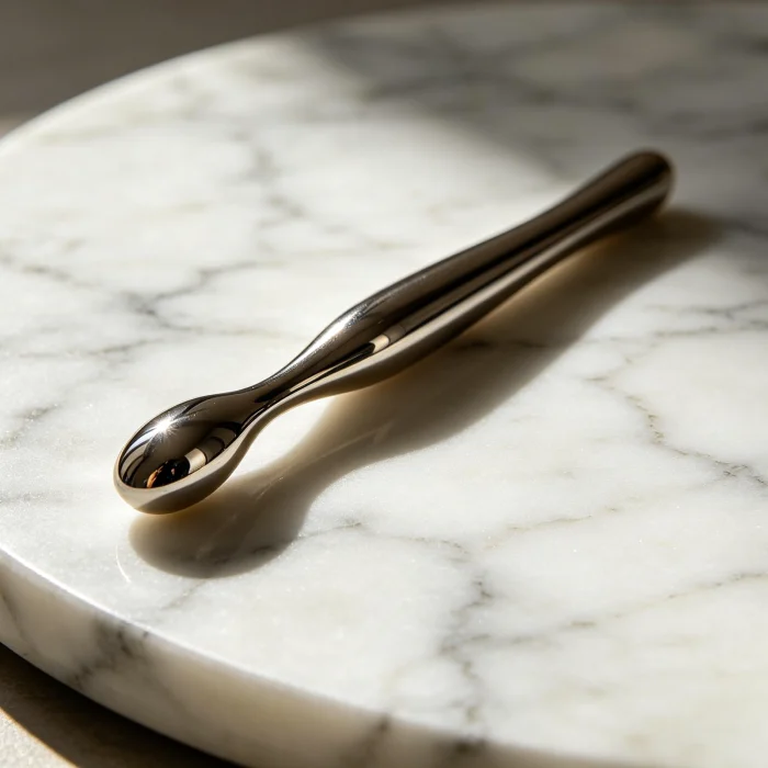 a sleek eye massager wand on a marble countertop