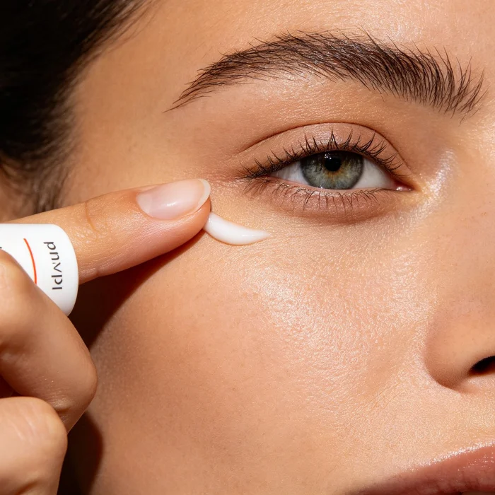 a person gently applying eye cream with a fingertip