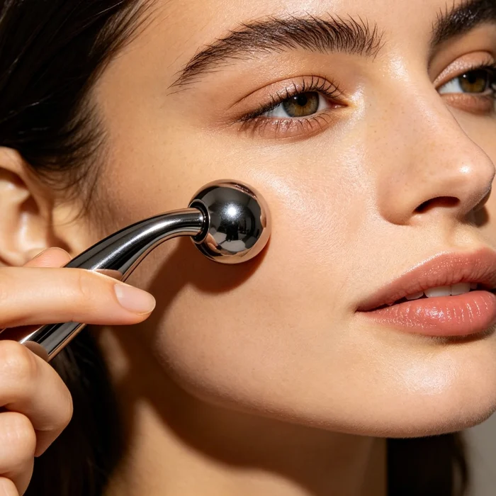 a woman using an eye massager roller along her orbital bone