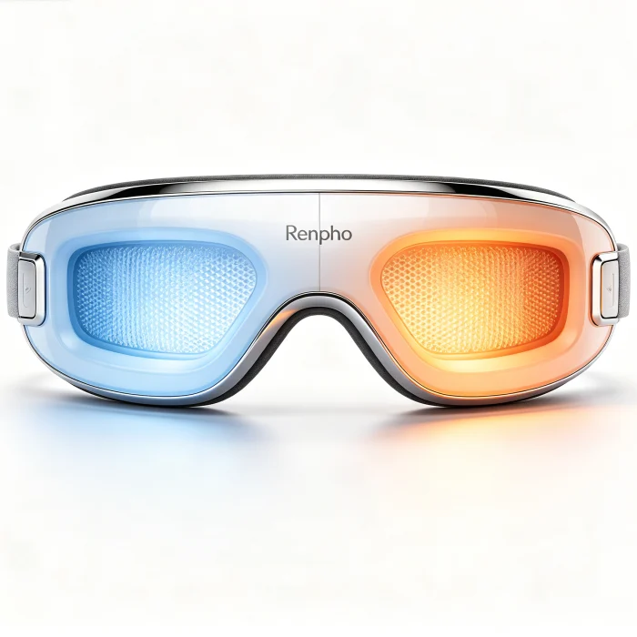 a Renpho eye massager showing heat and cold modes