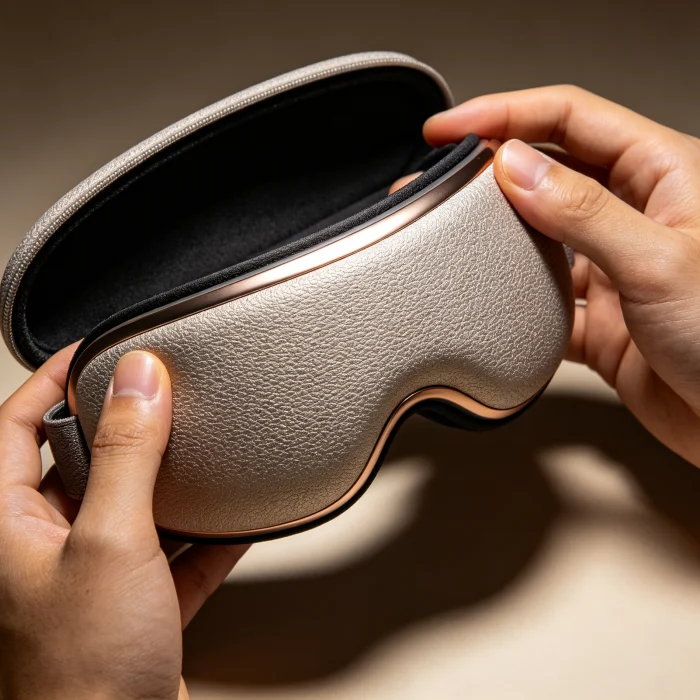 a person storing an eye massager inside a protective case