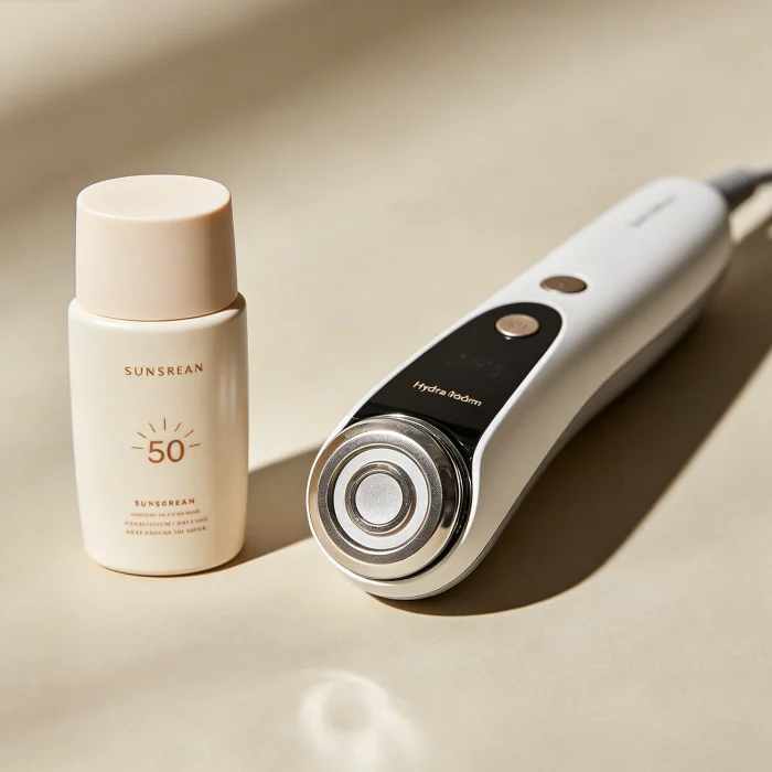 a bottle of sunscreen next to a hydra dermabrasion machine