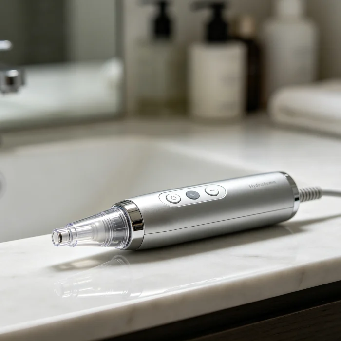 A handheld hydra dermabrasion machine on a bathroom counter