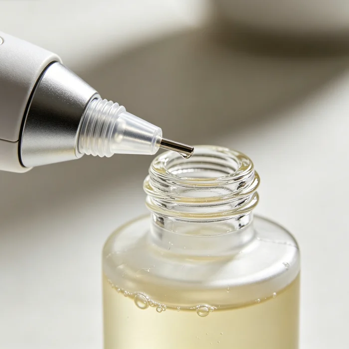 Close-up of the device's tip and serum bottle