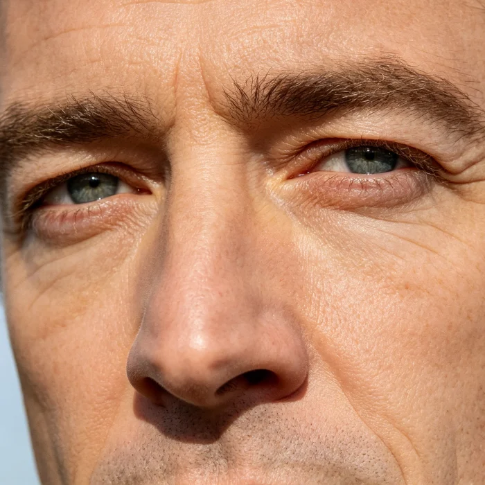 A person's face with fine lines around the eyes before treatment