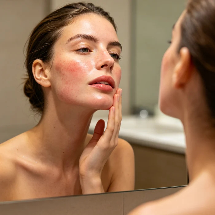 Person touching their cheek after treatment, looking in mirror
