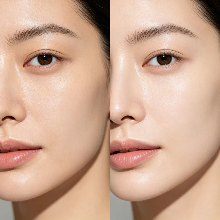 Side-by-side comparison of face before and after one month of use