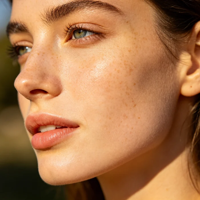 a close-up of a woman's cheek showing fading sun spots