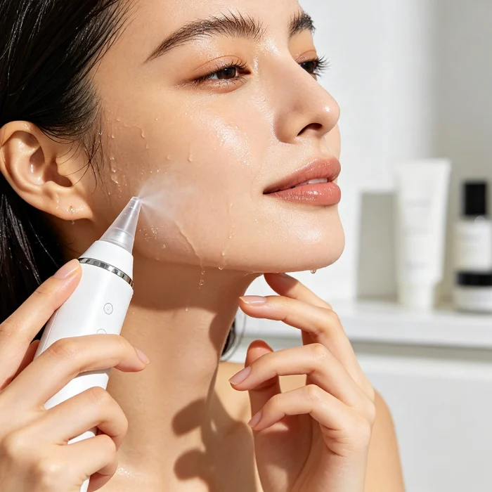a woman using an at-home hydra dermabrasion machine on her face