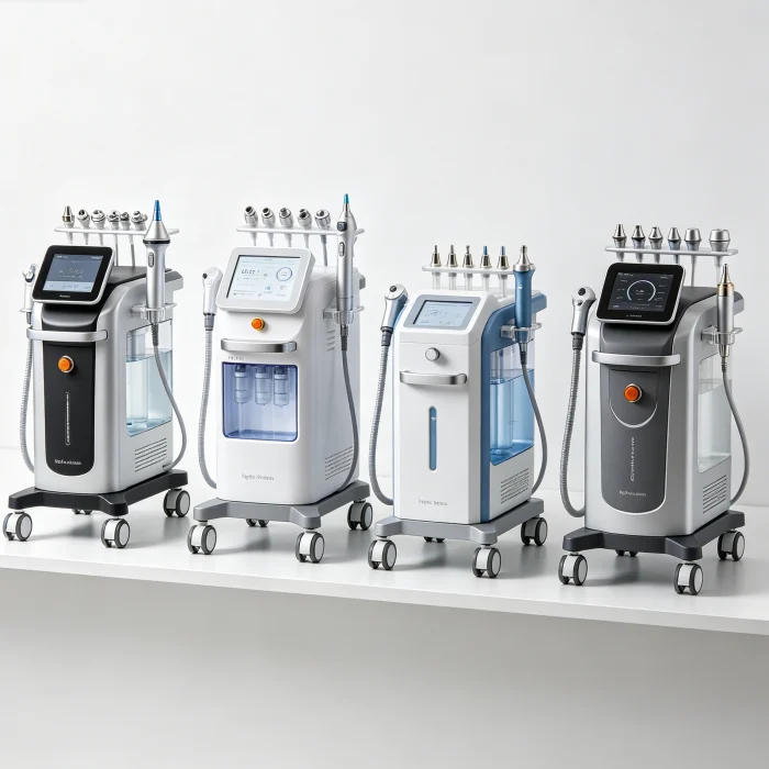 a display of four different hydra dermabrasion machines on a shelf