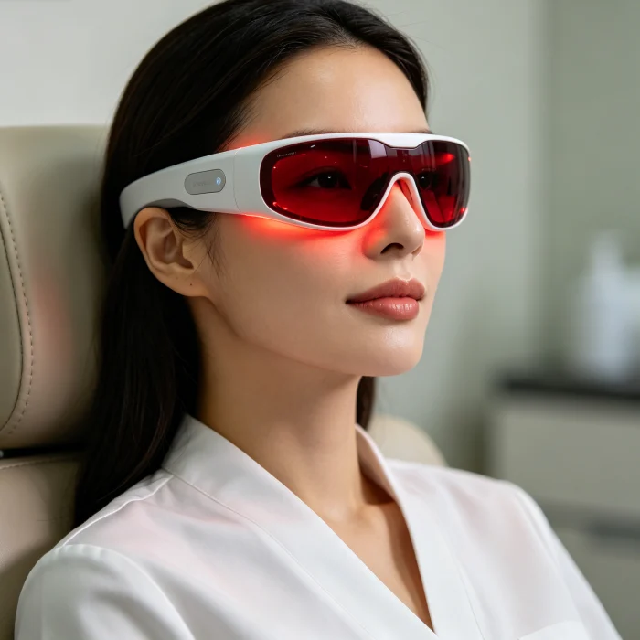a woman wearing red light therapy goggles with a device on her face