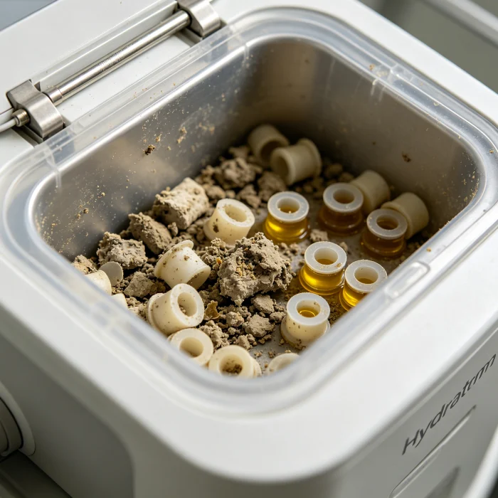 Close-up of the waste tank showing extracted debris and oil plugs