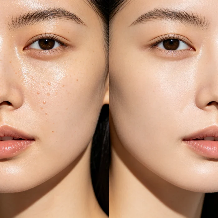 Before and after comparison of oily skin showing reduced shine and smaller pores