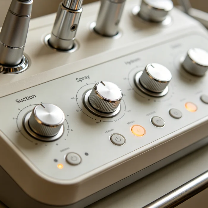 The machine's control panel showing suction and spray settings