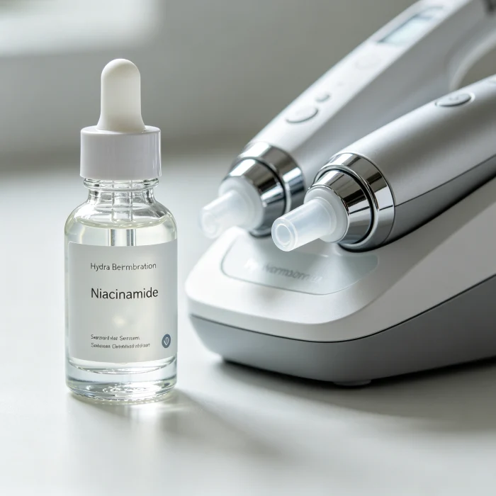 A clear glass bottle of niacinamide serum next to the machine