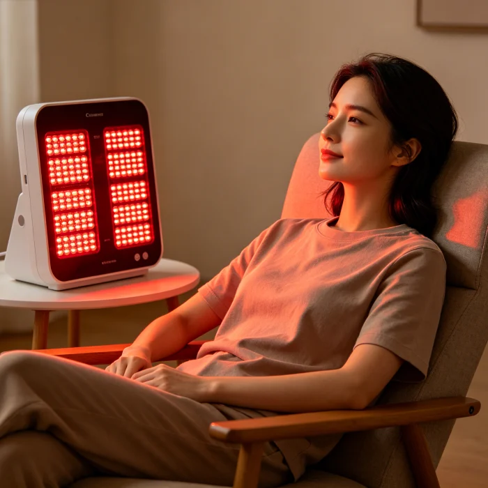 a person sitting near a red light therapy device