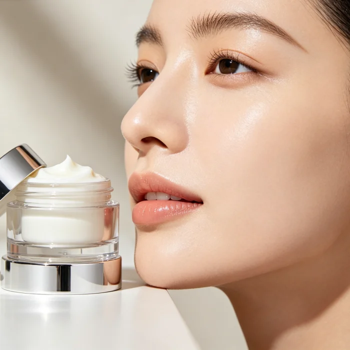 a jar of moisturizer next to a clean face